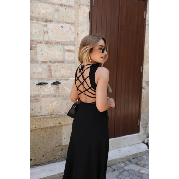 Kadın Kolsuz Sırttan çapraz Ip Detaylı Uzun Viskon Elbise