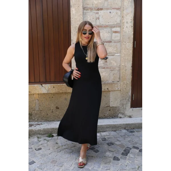 Kadın Kolsuz Sırttan çapraz Ip Detaylı Uzun Viskon Elbise