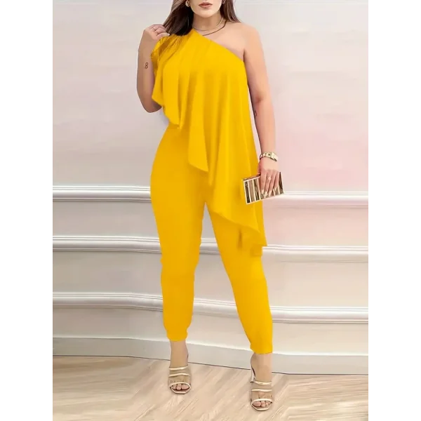 Kadın Kolsuz Tek Omuzu Açık önünde Volan Detay Sandy Tulum