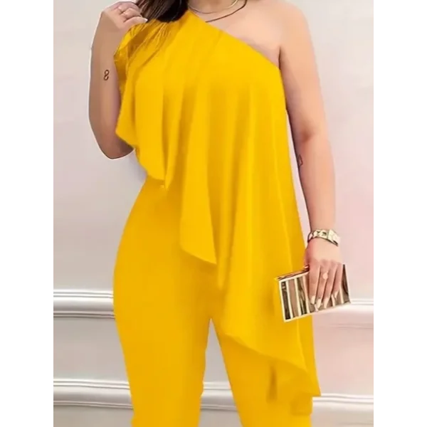 Kadın Kolsuz Tek Omuzu Açık önünde Volan Detay Sandy Tulum