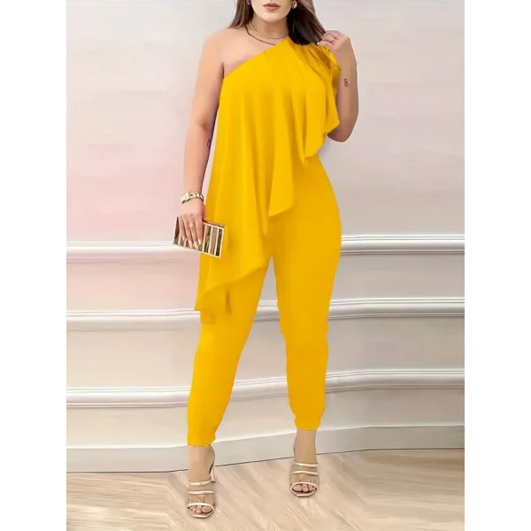 Kadın Kolsuz Tek Omuzu Açık önünde Volan Detay Sandy Tulum