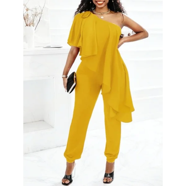 Kadın Kolsuz Tek Omuzu Açık önünde Volan Detay Sandy Tulum