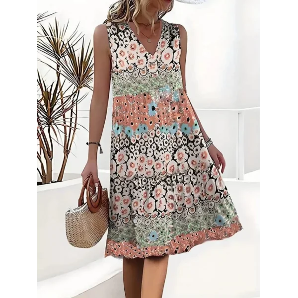 Kadın Kolsuz V Yaka çiçek Desenli Süprem Elbise