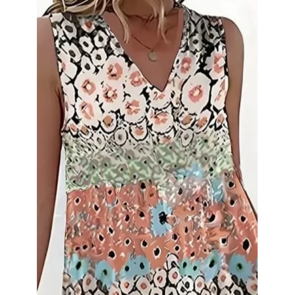 Kadın Kolsuz V Yaka çiçek Desenli Süprem Elbise
