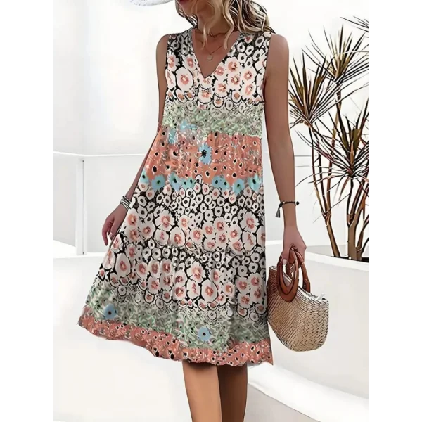 Kadın Kolsuz V Yaka çiçek Desenli Süprem Elbise