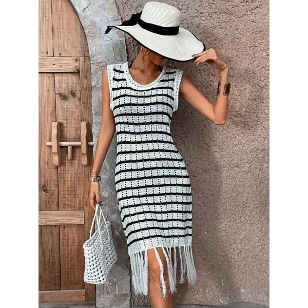 Kadın Kolsuz V Yaka Eteği Püsküllü çizgi Desen Triko Elbise