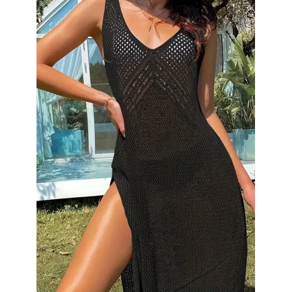 Kadın Kolsuz V Yaka Kalın Askılı Sırt Derin Dekolte Ve Yırtmaç Detay Triko Pareo