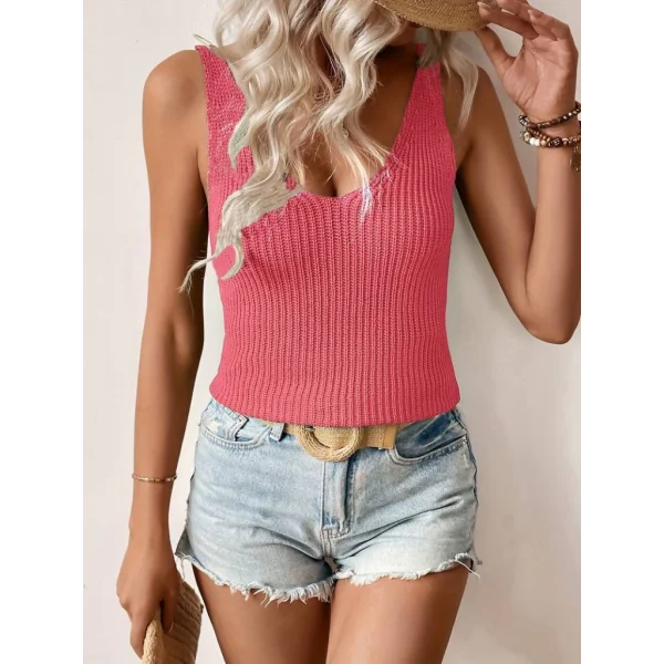 Kadın Kolsuz V Yaka Kalın Askılı Triko Bluz