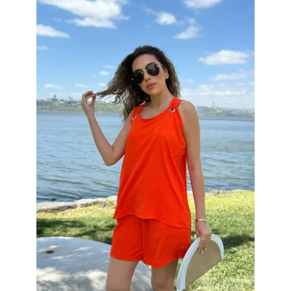 Kadın Kolsuz V Yaka Kuş Gözü Detay Bluz Short Aerobin Ikili Takım