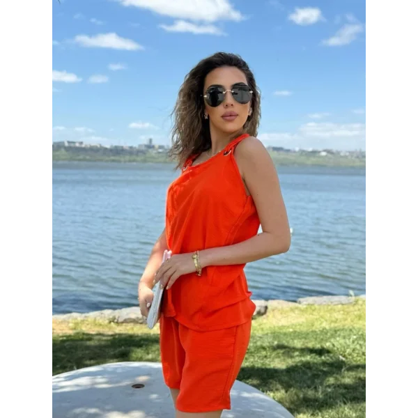 Kadın Kolsuz V Yaka Kuş Gözü Detay Bluz Short Aerobin Ikili Takım