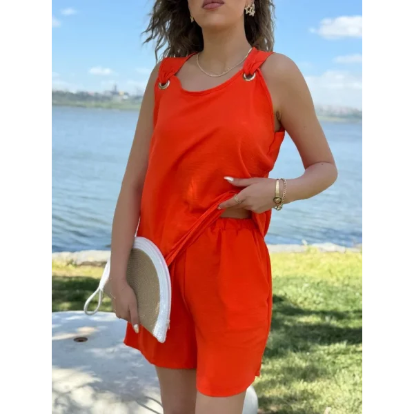 Kadın Kolsuz V Yaka Kuş Gözü Detay Bluz Short Aerobin Ikili Takım