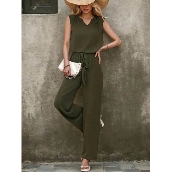 Kadın Kolsuz V Yakalı Aerobin Bluz Ve Belden Kuşaklı Pantolon Ikili Takım