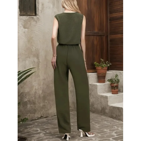 Kadın Kolsuz V Yakalı Aerobin Bluz Ve Belden Kuşaklı Pantolon Ikili Takım