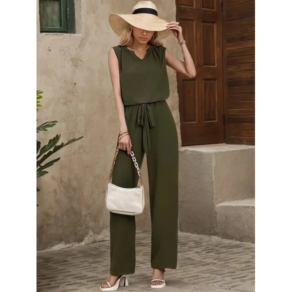 Kadın Kolsuz V Yakalı Aerobin Bluz Ve Belden Kuşaklı Pantolon Ikili Takım