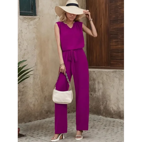 Kadın Kolsuz V Yakalı Aerobin Bluz Ve Belden Kuşaklı Pantolon Ikili Takım