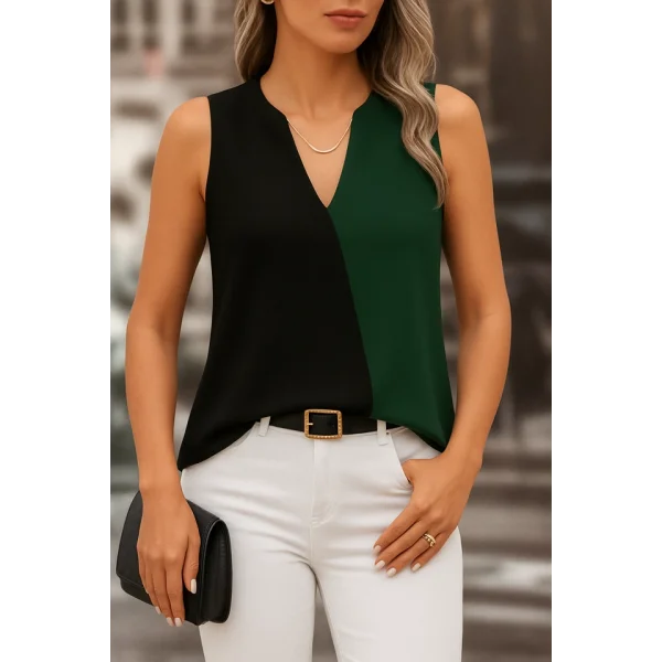 Kadın Kolsuz V Yakalı Blok Renkli Ithal Krep Bluz