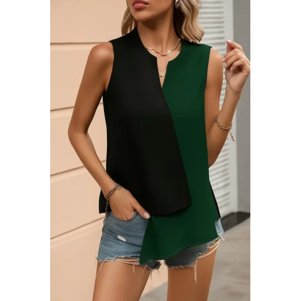 Kadın Kolsuz V Yakalı Blok Renkli Ithal Krep Bluz