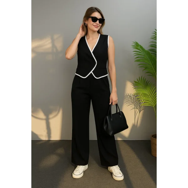 Kadın Kolsuz V Yakalı Düğmeli Ithal Krep Yelek Ve Pantolon Ikili Takım