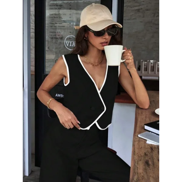 Kadın Kolsuz V Yakalı Düğmeli Ithal Krep Yelek Ve Pantolon Ikili Takım