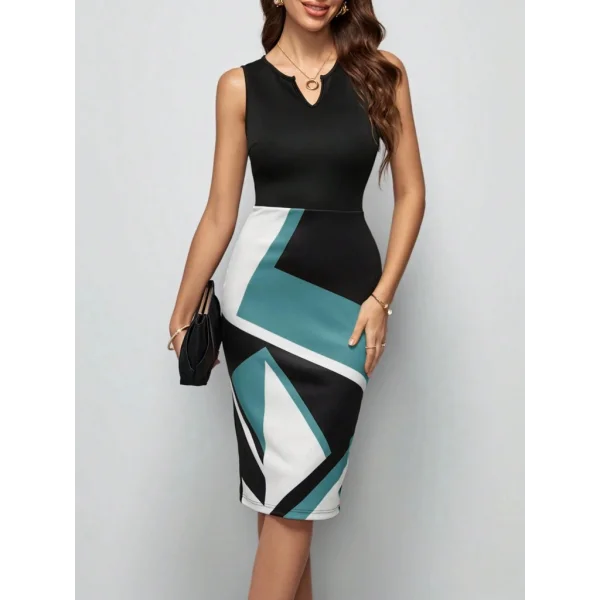 Kadın Kolsuz V Yakalı Geometrik Desenli Midi Dalgıç Elbise