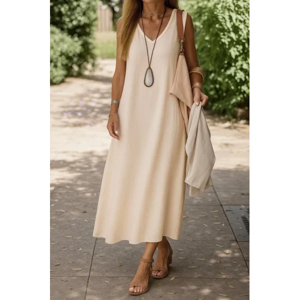 Kadın Kolsuz V Yakalı Maksi Boy Ithal Keten Elbise