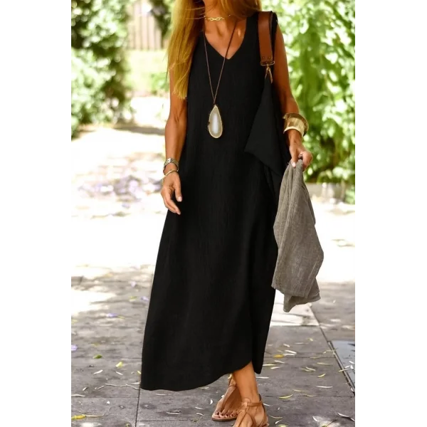 Kadın Kolsuz V Yakalı Maksi Boy Ithal Keten Elbise