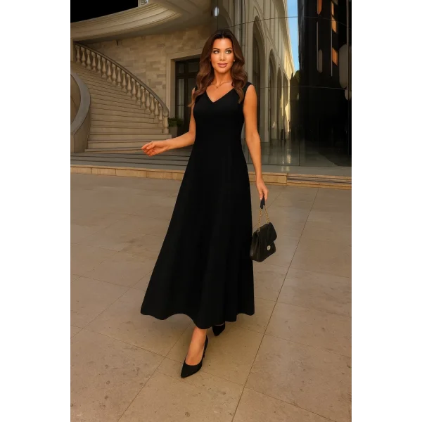 Kadın Kolsuz V Yakalı Maksi Boy Ithal Keten Elbise