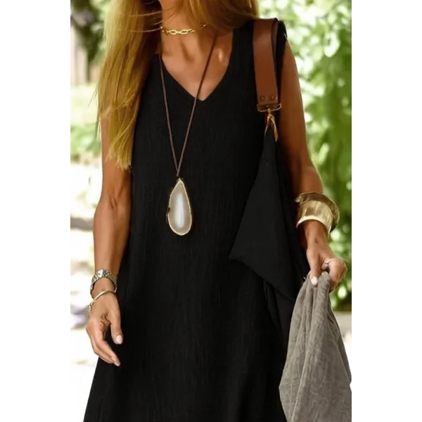 Kadın Kolsuz V Yakalı Maksi Boy Ithal Keten Elbise