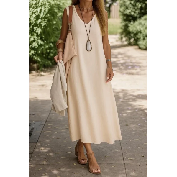 Kadın Kolsuz V Yakalı Maksi Boy Ithal Keten Elbise