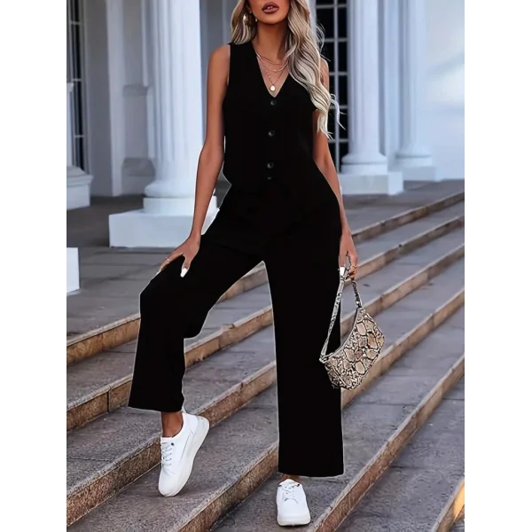 Kadın Kolsuz V Yakalı önden Düğmeli Ithal Krep Ve Pantolon Ikili Takım