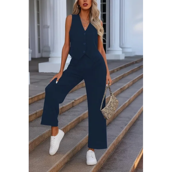 Kadın Kolsuz V Yakalı önden Düğmeli Ithal Krep Ve Pantolon Ikili Takım