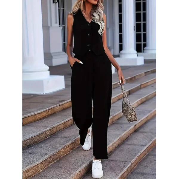 Kadın Kolsuz V Yakalı önden Düğmeli Ithal Krep Ve Pantolon Ikili Takım