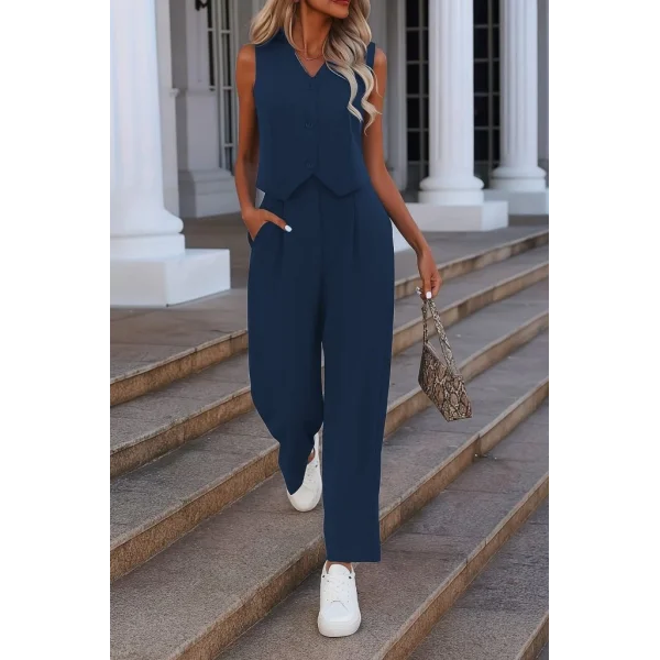 Kadın Kolsuz V Yakalı önden Düğmeli Ithal Krep Ve Pantolon Ikili Takım