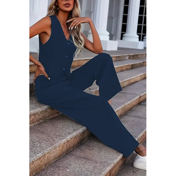 Kadın Kolsuz V Yakalı önden Düğmeli Ithal Krep Ve Pantolon Ikili Takım