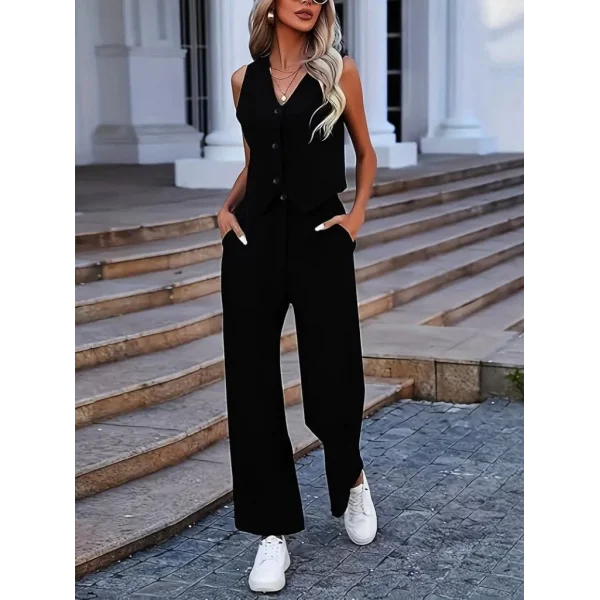 Kadın Kolsuz V Yakalı önden Düğmeli Ithal Krep Ve Pantolon Ikili Takım