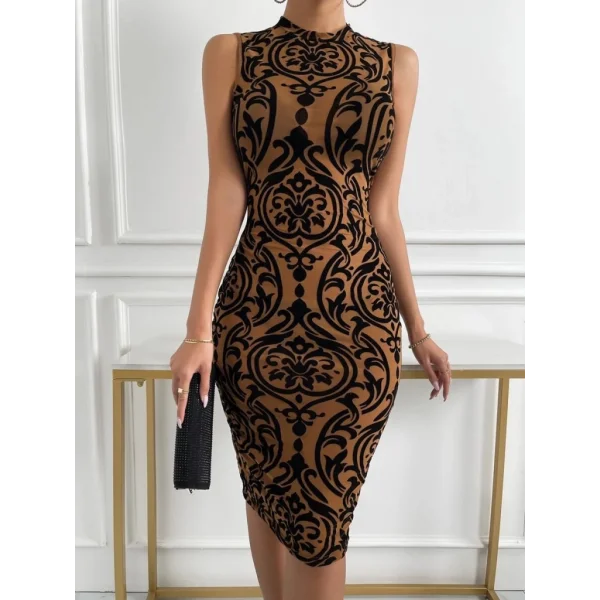 Kadın Kolsuz Yarı Balıkçı Yaka Desenli Dalgıç Elbise