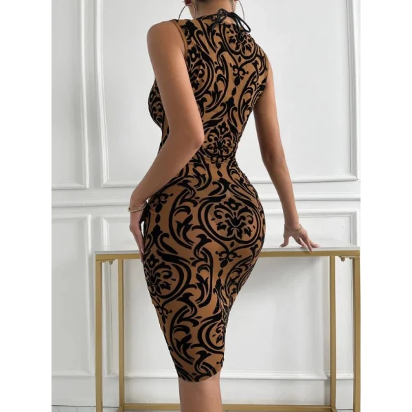 Kadın Kolsuz Yarı Balıkçı Yaka Desenli Dalgıç Elbise