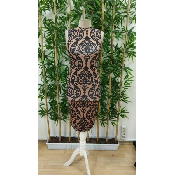 Kadın Kolsuz Yarı Balıkçı Yaka Desenli Dalgıç Elbise