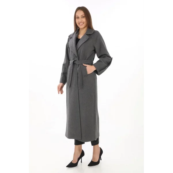 Kadın Kolu Apoletli Astarlı Kaşmir Kaşe Kaban - Füme