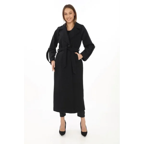 Kadın Kolu Apoletli Astarlı Kaşmir Kaşe Kaban - Siyah