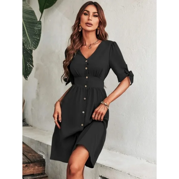 Kadın Kolu Bağlamalı V Yaka önü Düğmeli Aerobin Kumaş Elbise