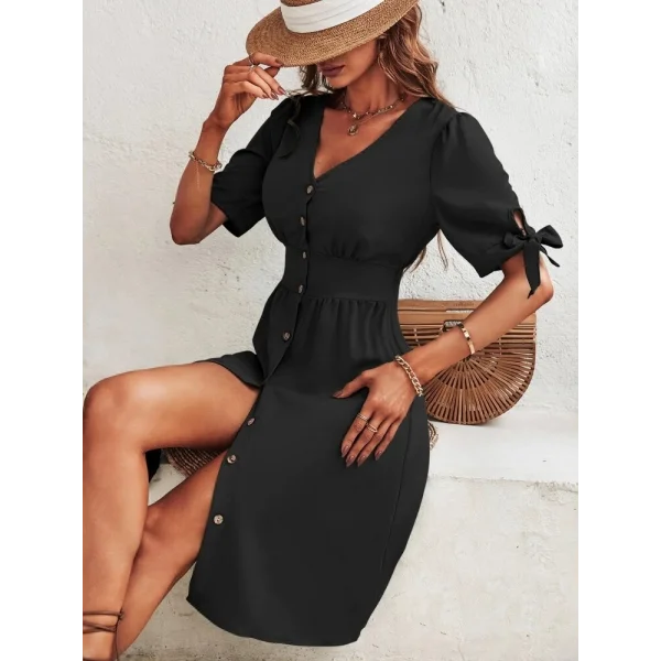 Kadın Kolu Bağlamalı V Yaka önü Düğmeli Aerobin Kumaş Elbise