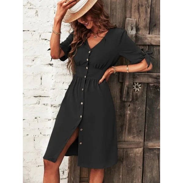 Kadın Kolu Bağlamalı V Yaka önü Düğmeli Aerobin Kumaş Elbise