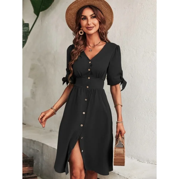 Kadın Kolu Bağlamalı V Yaka önü Düğmeli Aerobin Kumaş Elbise