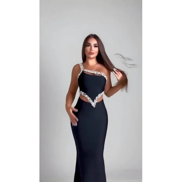 Kadın Komuz Ve Bel Dokelteli Taş Detay Dalgıç Kumaş Elbise