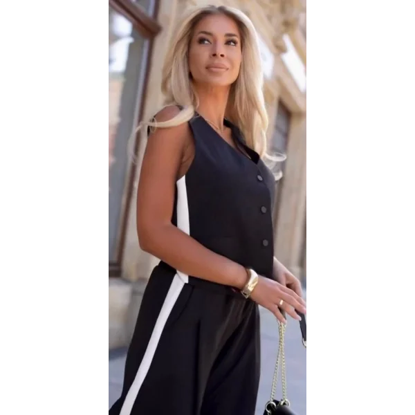 Kadın Kosuz V Yaka Düğme Detay Yelek Ve Yanları şerit Detay Ispanyol Paça Pantolon Hürrem Kumaş Ikili Takım