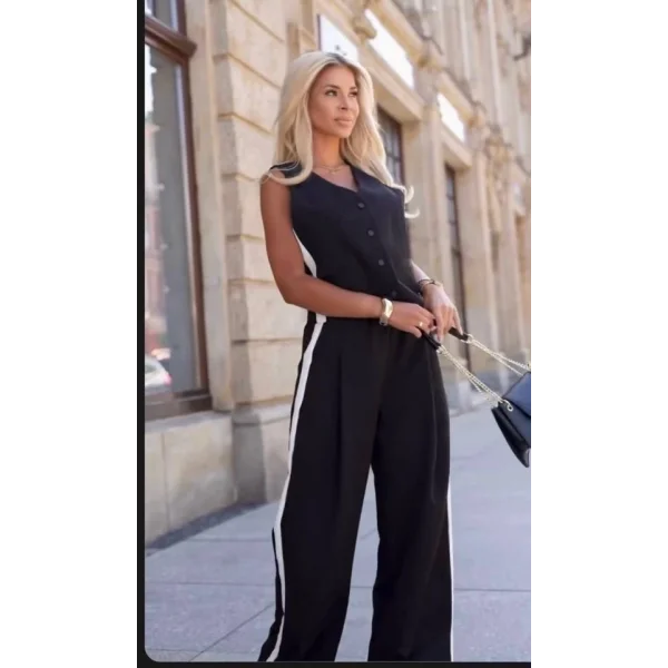 Kadın Kosuz V Yaka Düğme Detay Yelek Ve Yanları şerit Detay Ispanyol Paça Pantolon Hürrem Kumaş Ikili Takım