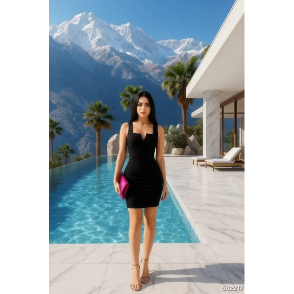 Kadın Krep Dalgıç Kumaş Kare Yaka Dekolteli Mini Boy Elbise