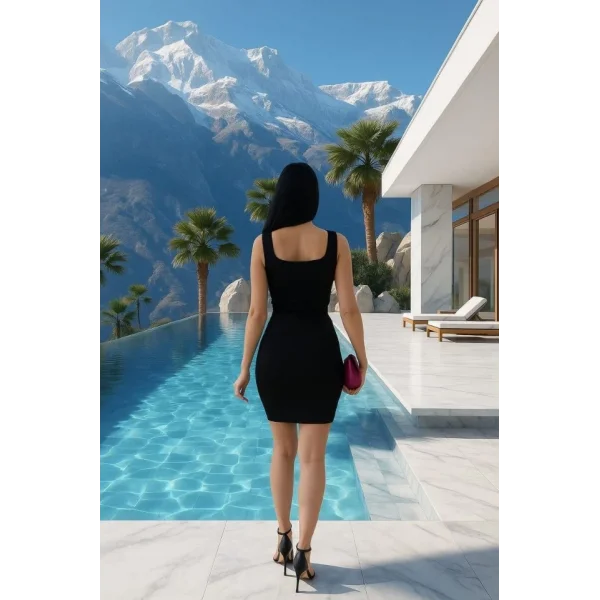 Kadın Krep Dalgıç Kumaş Kare Yaka Dekolteli Mini Boy Elbise