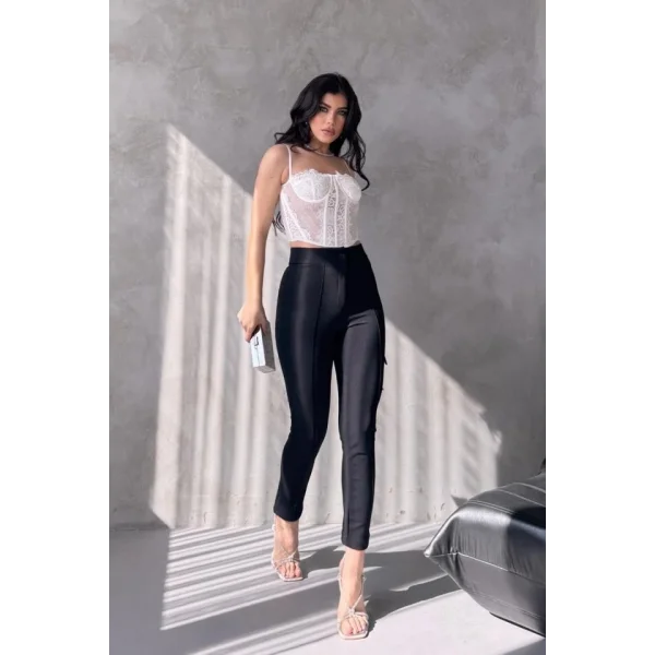 Kadın Krep Kumaş çimalı Yüksek Bel Pantolon